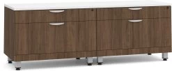 Encore Dual Storage Cabinet Credenza - Modern Walnut Base And White Top With Silver Riser