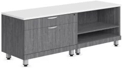 Encore Storage Cabinet And Bookshelf Credenza - Newport Grey Base And White Top With Silver Riser