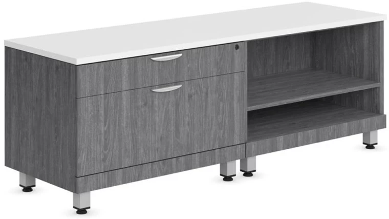Encore Storage Cabinet And Bookshelf Credenza - Newport Grey Base And White Top With Silver Riser 3 Encore Storage Cabinet And Bookshelf Credenza - Newport Grey Base And White Top With Silver Riser