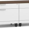 Encore Dual Storage Cabinet Credenza - White Base And Modern Walnut Top With Black Riser