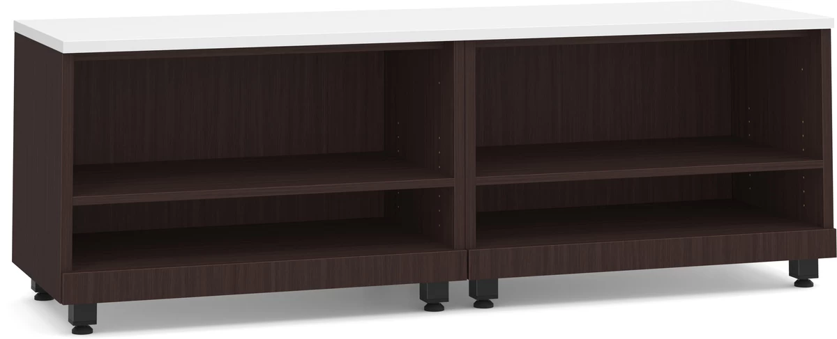 Encore Dual Open Bookshelf Credenza - Espresso Base And White Top With Black Riser 3 Encore Dual Open Bookshelf Credenza - Espresso Base And White Top With Black Riser
